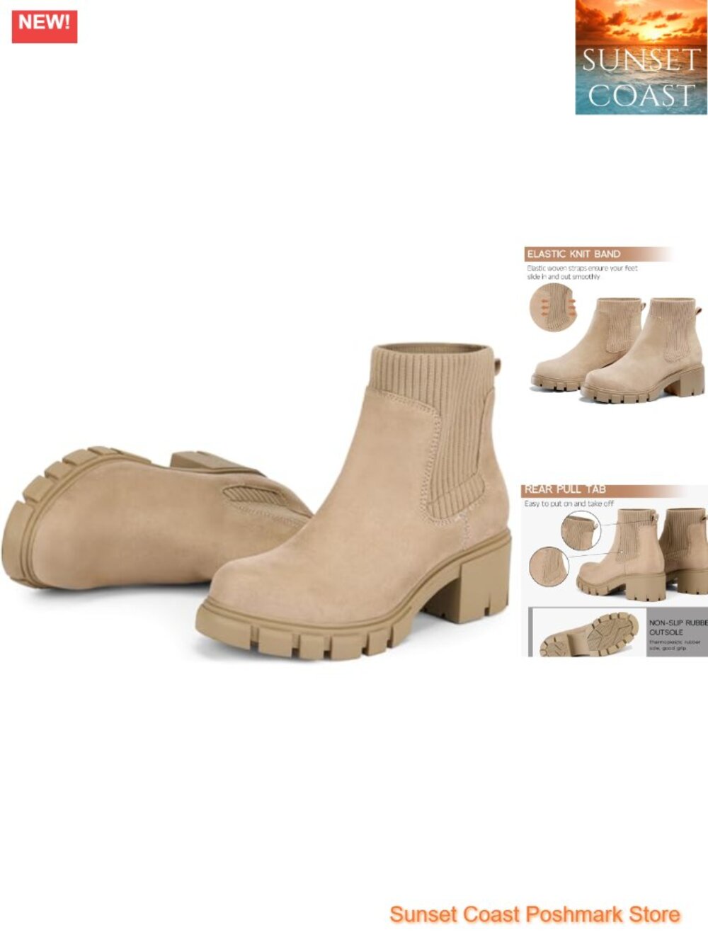 Chelsea Ankle Boots Suede Chunky Heel Slip On Winter Fall Booties